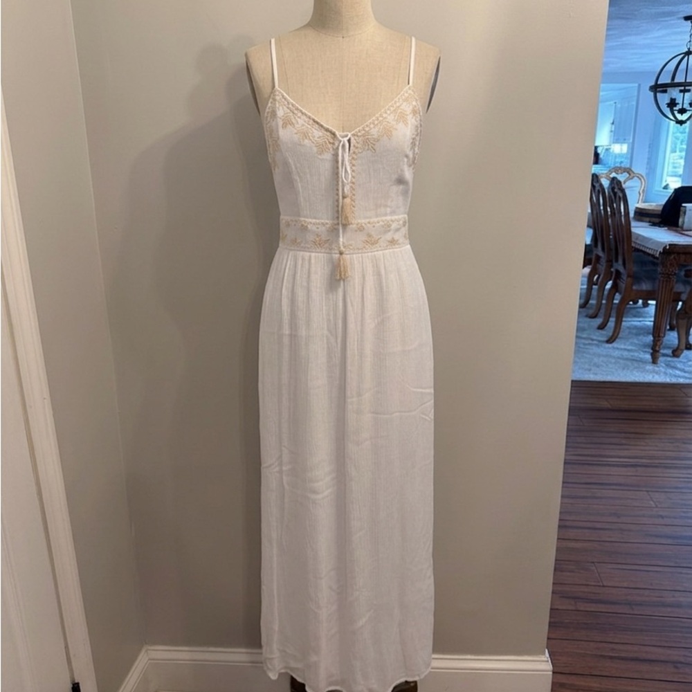 White Embroidered Maxi Dress with Tassel Tie